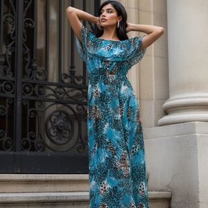 Elegant Blue Leopard Print Maxi Dress